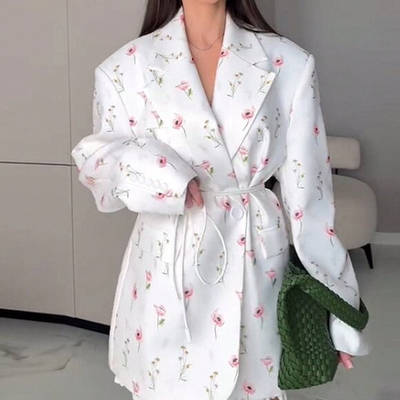 Jackets & Blazers - White Elegant Women's Flower Printed V Neck Lace Up Blazer Long Sleeve